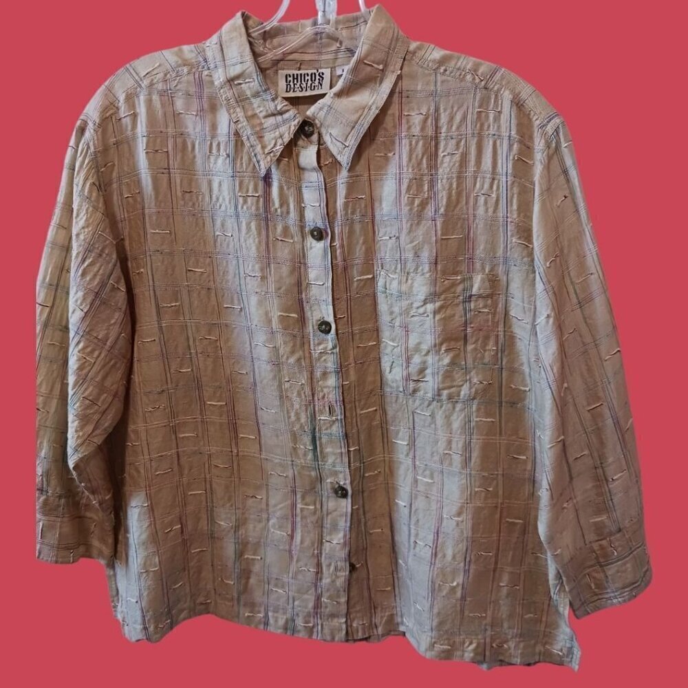 Chicos Design Vtg Beige Textured Button-Up Shirt  Lightweight Women Size 1